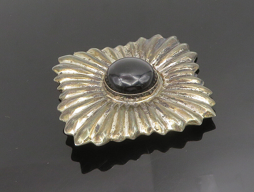 MEXICO 925 Silver  Vintage Black Onyx Ribbed Diamond Shaped Brooch Pin  BP9551