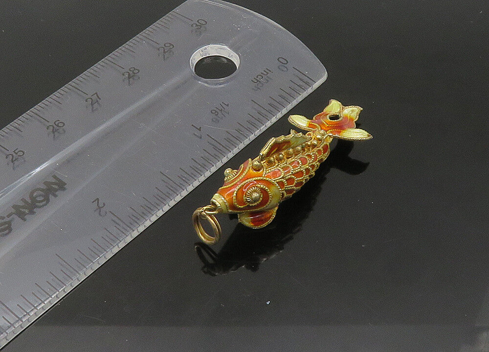 925 Sterling Silver  Vintage Enamel Hollow Koi Fish Pendant (MOVES)   PT17595