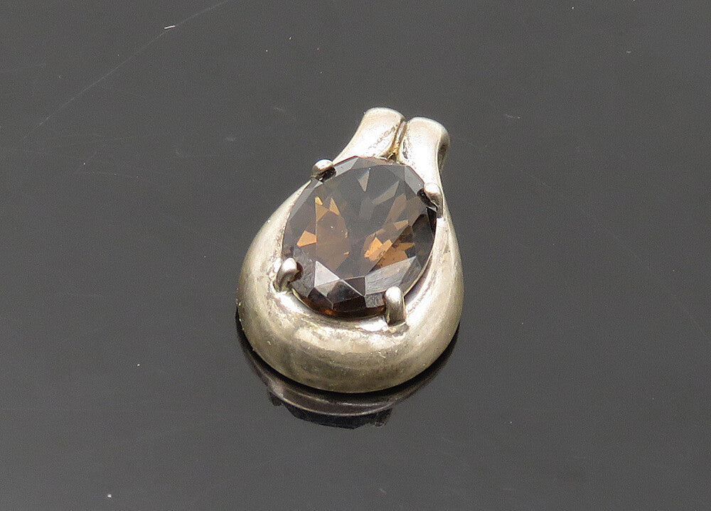 925 Sterling Silver  Vintage Prong Set Faceted Smoky Topaz Pendant  PT16874