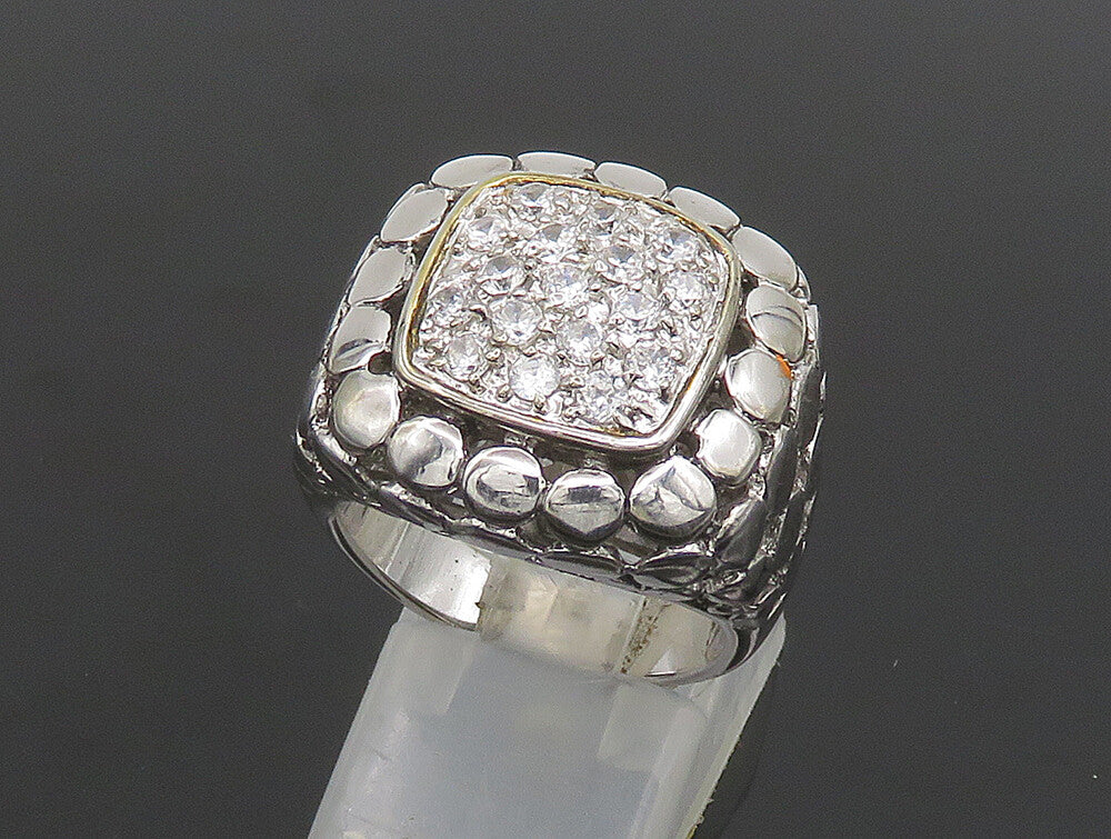 925 Sterling Silver  Vintage Cubic Zirconia Dotted Square Ring Sz 8  RG24344