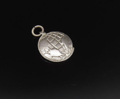 925 Sterling Silver  Vintage Round Etched World Globe Charm Pendant  PT21343