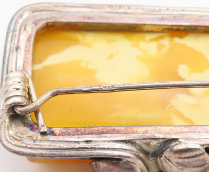 925 Sterling Silver Vintage Brooch POLAND Rectangular Amber Art Nouveau  BP11964