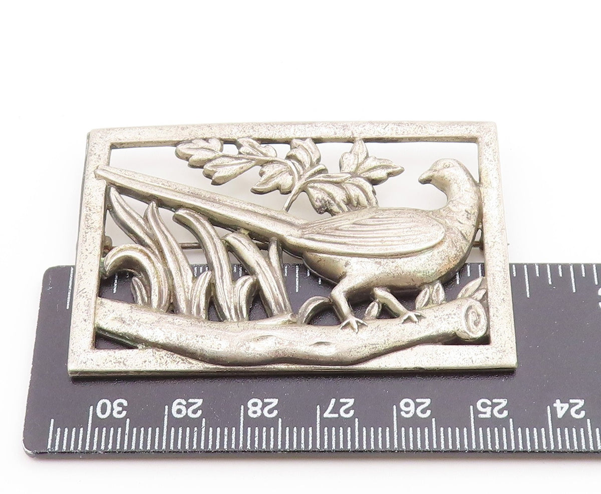 925 Sterling Silver  Vintage Long Tailed Bird Floral Motif Brooch Pin  BP6267