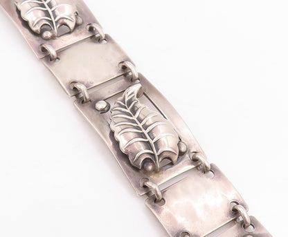 925 Sterling Silver Vintage Bracelet Carved Floral Leaf Panel Link Chain BT11479