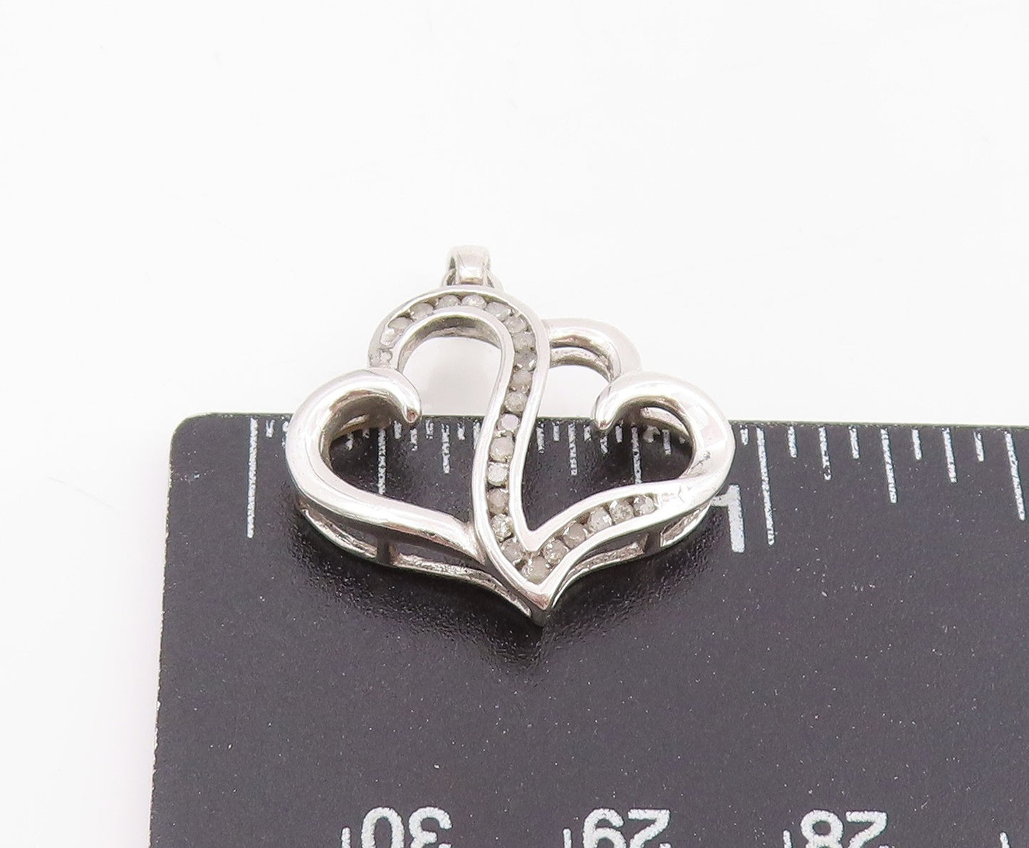 925 Sterling Silver Vintage Pendant Real Diamonds Twin Love Heart Charm  PT25524