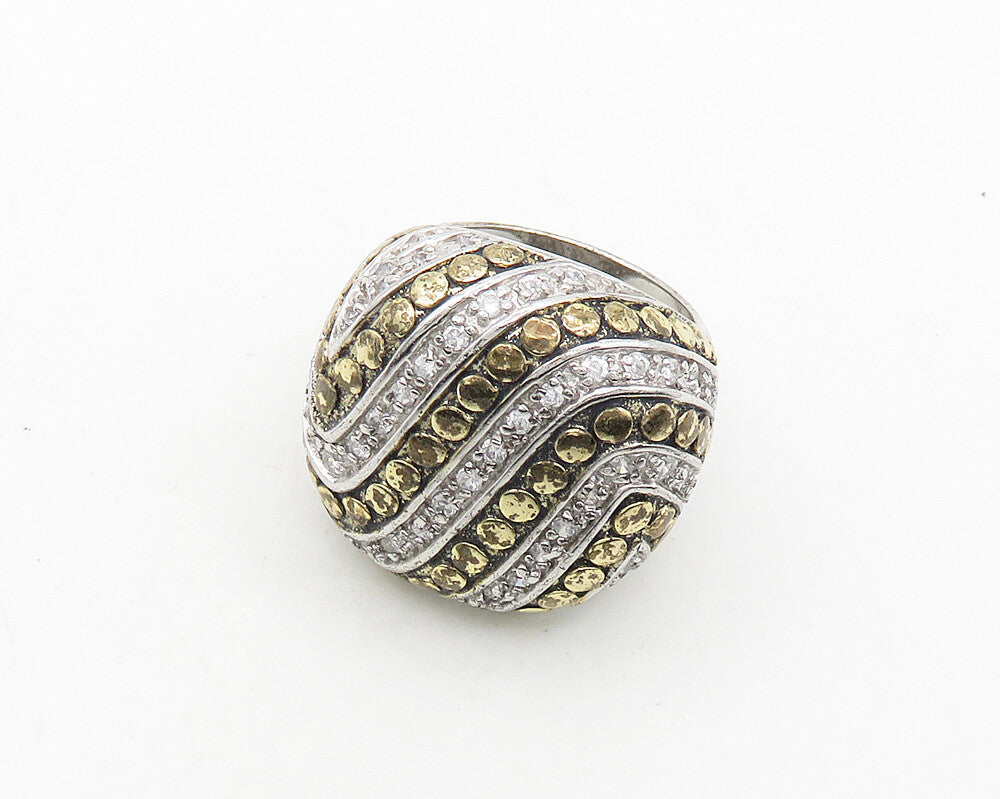 925 Sterling Silver  Vintage Topaz 2 Tone Striped Cocktail Ring Sz 6  RG19841