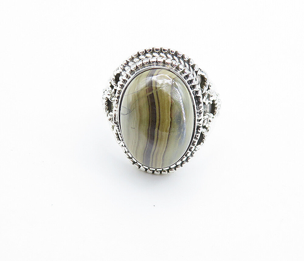 925 Sterling Silver  Cabochon Cut Agate Oval Cocktail Ring Sz 8.5  RG7751