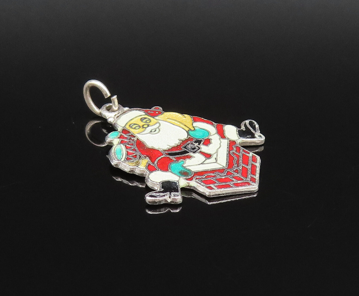 925 Sterling Silver  Vintage Enamel Santa Claus On Chimney Pendant  PT21688