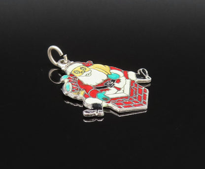 925 Sterling Silver  Vintage Enamel Santa Claus On Chimney Pendant  PT21688