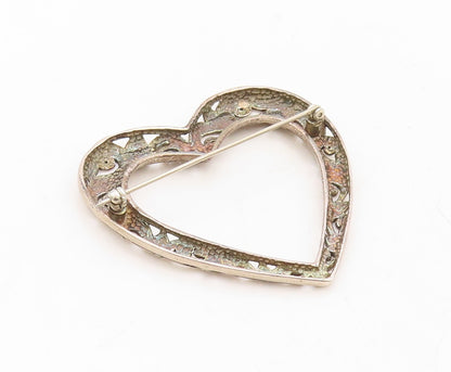 925 Sterling Silver Vintage Brooch Pin Designer Swirly Carved Heart  BP11289