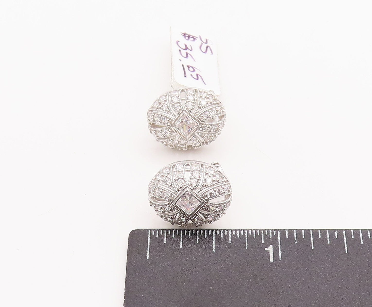 925 Sterling Silver Vintage Earrings Cutout Inlay Square Maine Stone CZ  EG12903