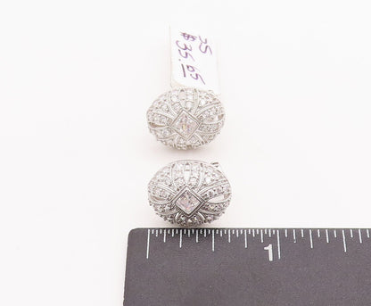 925 Sterling Silver Vintage Earrings Cutout Inlay Square Maine Stone CZ  EG12903