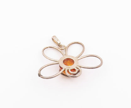 925 Sterling Silver  Vintage Cabochon Cut Amber Butterfly Pendant  PT15648