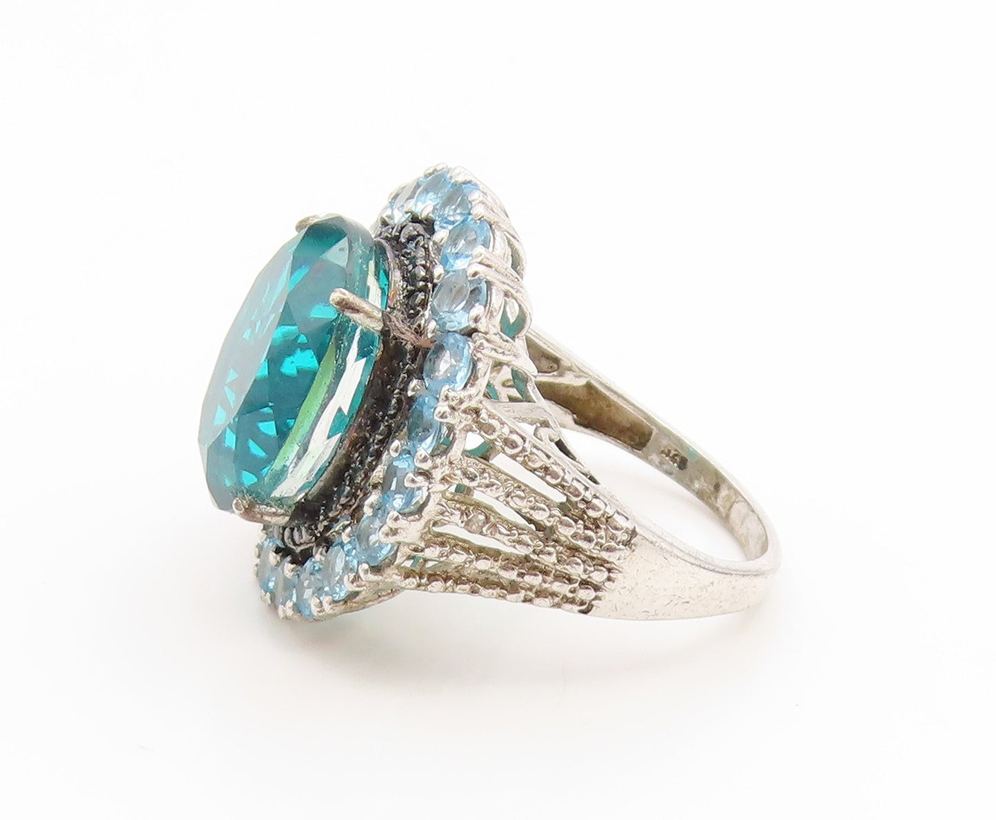 925 Sterling Silver Vintage Ring Large Blue Quartz & Topaz Band  Sz 8  RG35087