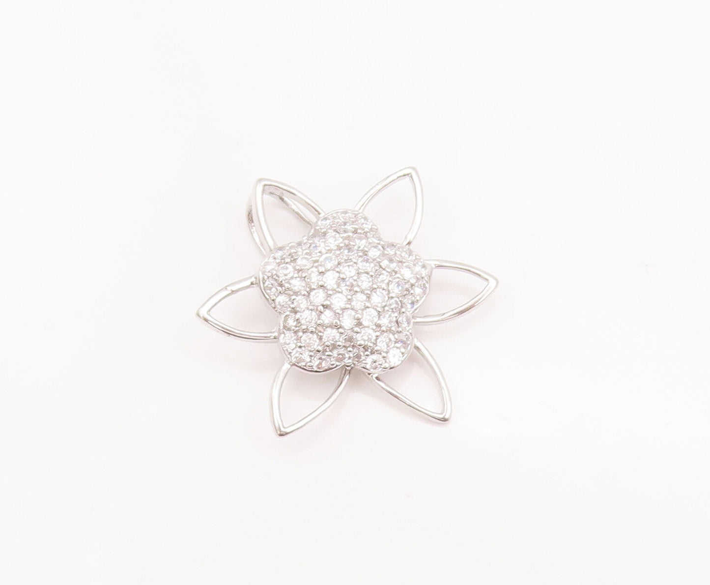 925 Sterling Silver Vintage Pendant Solid Cutout CZ Beaded Flower  PT23067