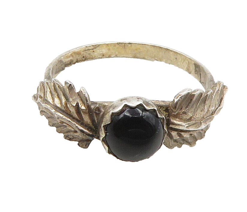 NAVAJO 925 Sterling Silver  Vintage Black Onyx Floral Band Ring Sz 6  RG15948