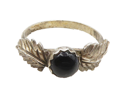 NAVAJO 925 Sterling Silver  Vintage Black Onyx Floral Band Ring Sz 6  RG15948