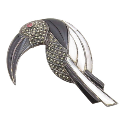 925 Sterling Silver Vintage Brooch Pin Multi Gemstone Inlay Toucan Bird  BP12571