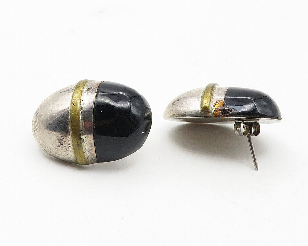 925 Sterling Silver  Vintage Black Onyx Two Tone Dome Drop Earrings  EG5884