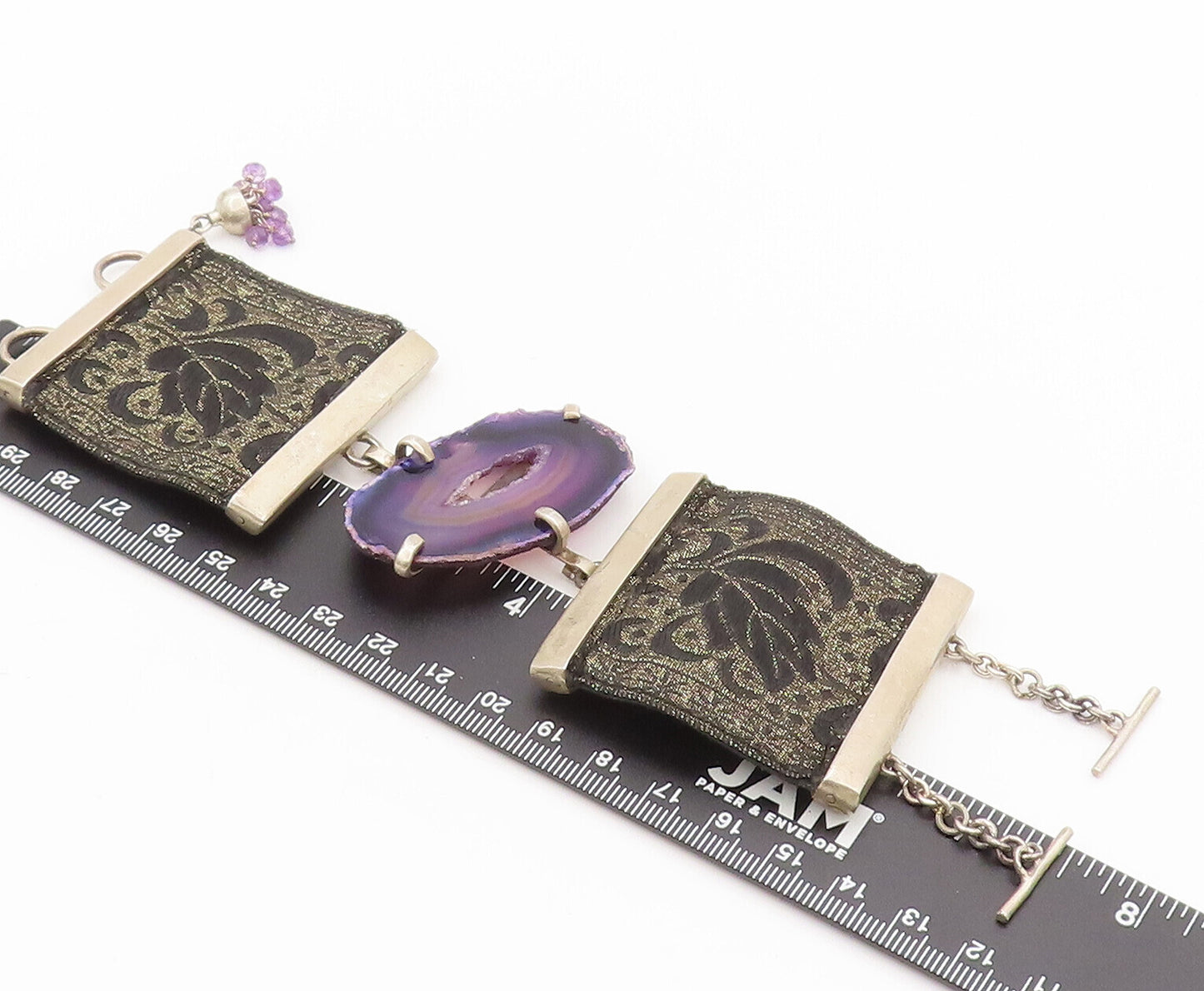 925 Sterling Silver Vintage Natural Amethyst Large Stone Bracelet BT9883
