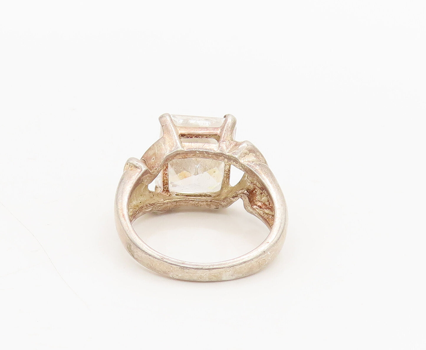 925 Sterling Silver  Vintage Designer Rectangular CZ Carved Ring Sz 7  RG26958