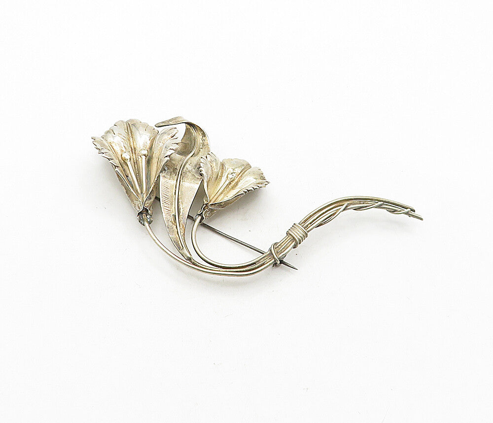 925 Sterling Silver  Vintage Sculpted Flower Bunch Motif Brooch Pin  BP1442
