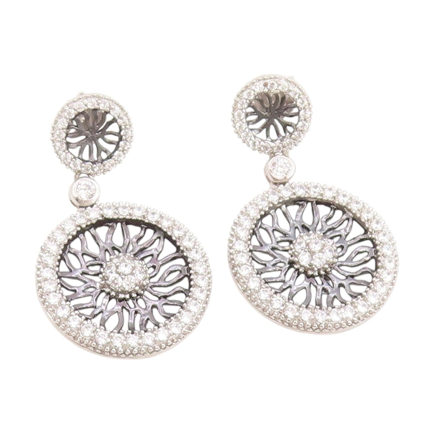 925 Sterling Silver Vintage Earrings CZ Intricate Open Circular Wheels  EG14021