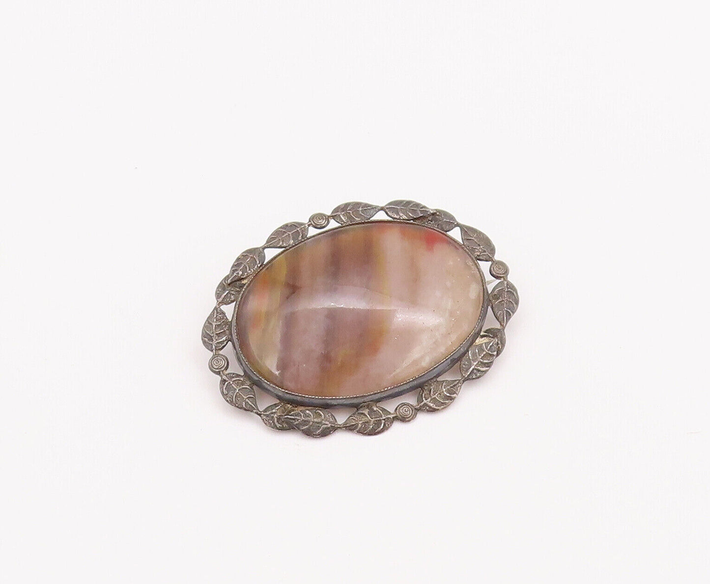 925 Sterling Silver Vintage Brooch Pin Gemstone Halo Carved Leaf Frame  BP10867