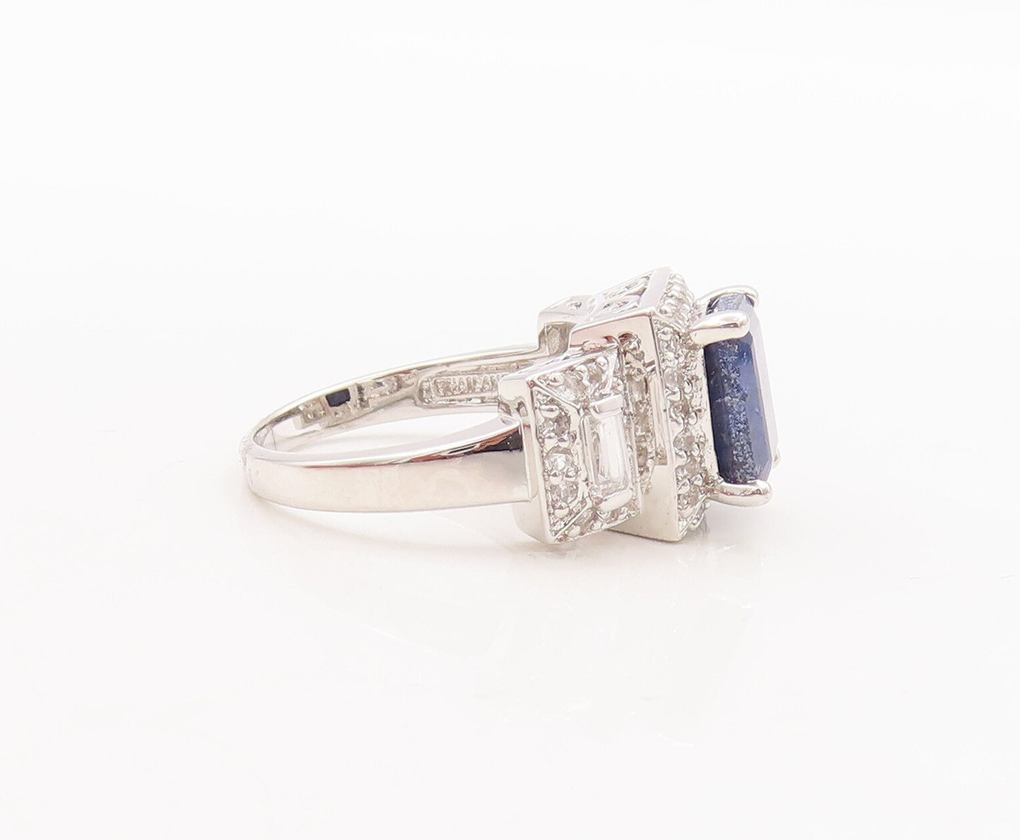 925 Sterling Silver Vintage Ring Rectangle Cut Blue Gemstone & CZ  Sz 7  RG29701
