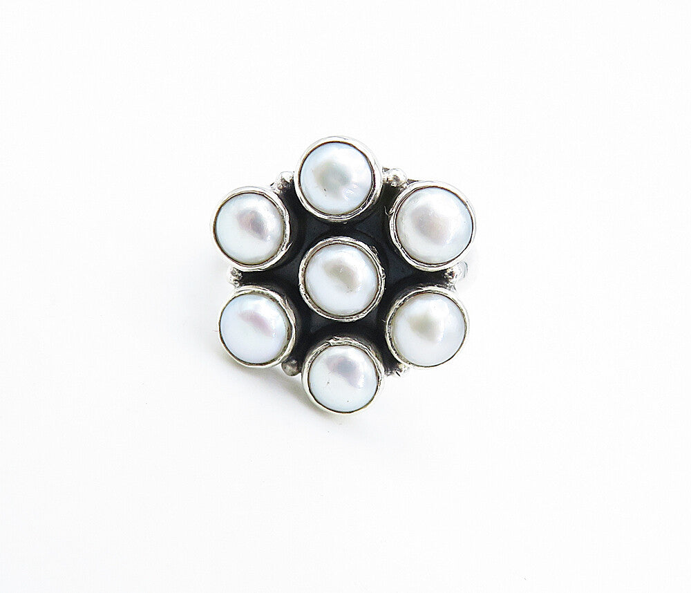 925 Sterling Silver  Freshwater Pearls Floral Style Cocktail Ring Sz 7  RG8090