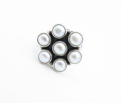 925 Sterling Silver  Freshwater Pearls Floral Style Cocktail Ring Sz 7  RG8090