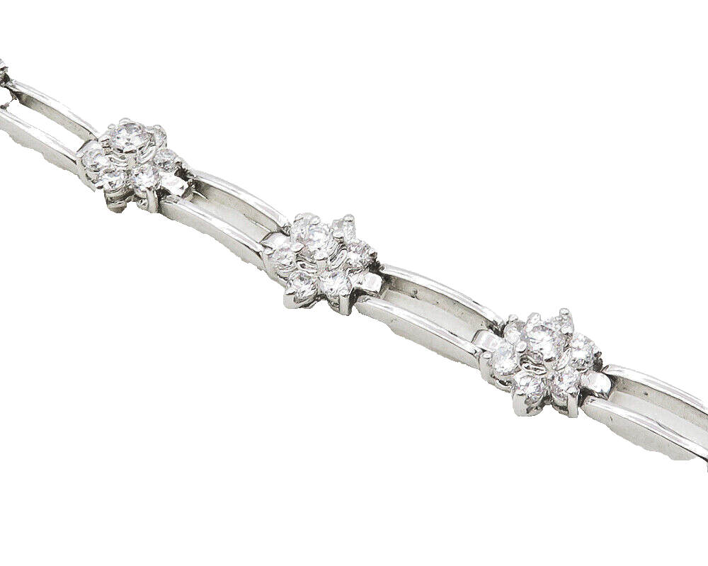 925 Sterling Silver  Cubic Zirconia Floral Bar Link Chain Bracelet  BT4248