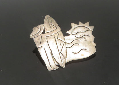 MEXICO 925 Silver  Vintage Man With Surf Board Beach Scene Brooch Pin  BP8742