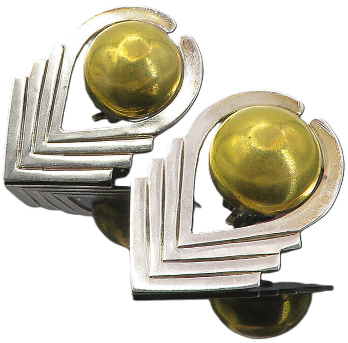 MEXICO 925 Sterling Silver  Vintage Two Tone Modernist Drop Earrings  EG4086