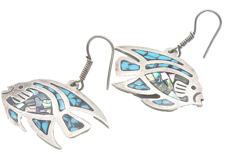 MEXICO 925 Silver  Vintage Abalone & Turquoise Fish Drop Earrings  EG6045