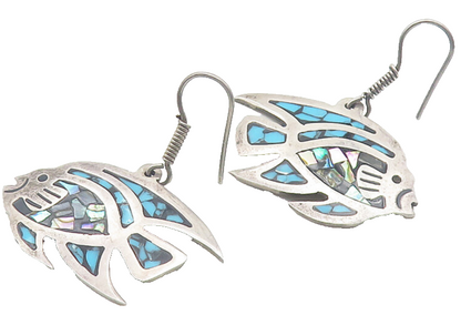 MEXICO 925 Silver  Vintage Abalone & Turquoise Fish Drop Earrings  EG6045
