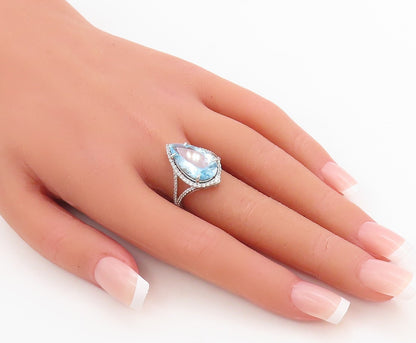 925 Sterling Silver Vintage Ring Designer Drop Cut Blue & White CZ Sz 7  RG30558