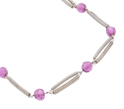 925 Sterling Silver Vintage Necklace Spring Design Cutout Beaded Amethyst NE4420