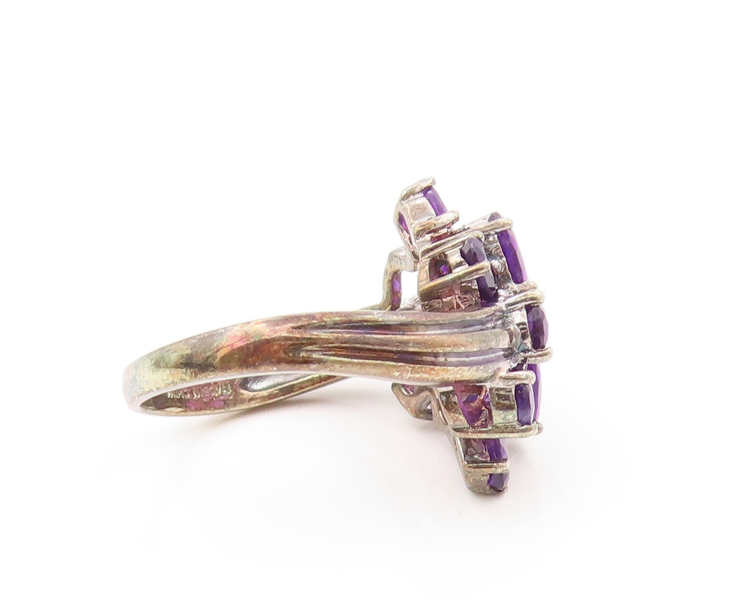 925 Sterling Silver Vintage Ring Dark Tone Oval Amethyst Cluster  SZ 8  RG31950