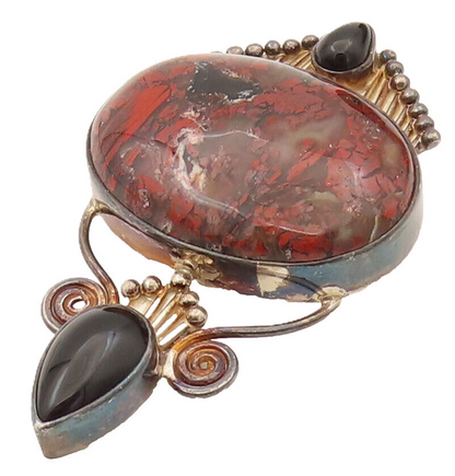 SAJEN 925 Silver  Vintage Brecciated Jasper & Black Onyx Brooch Pin  BP10226