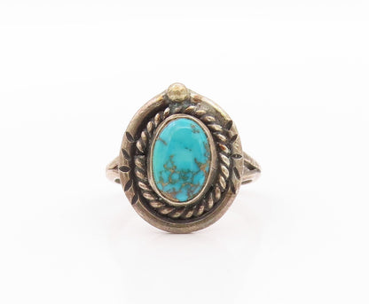 925 Sterling Silver Vintage Ring NAVAJO Oval Turquoise Halo Roped Sz 7.5 RG32416