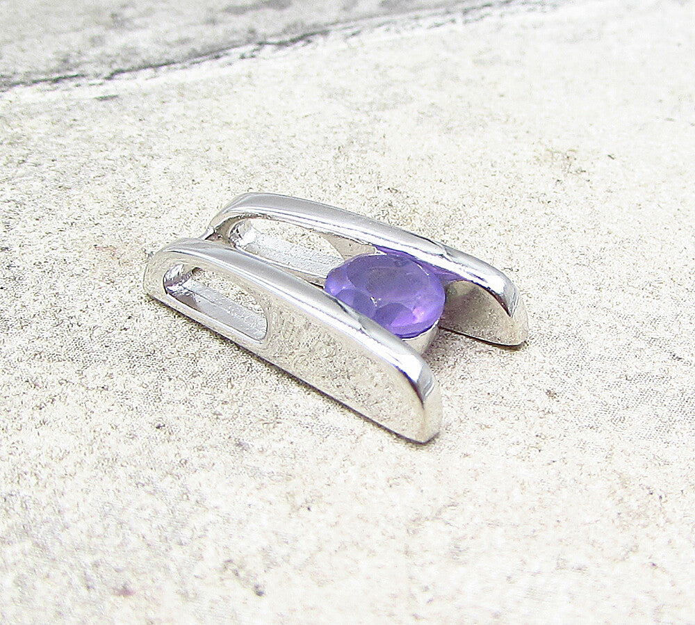 925 Sterling Silver  Round Cut Faceted Amethyst Slider Pendant  PT1492