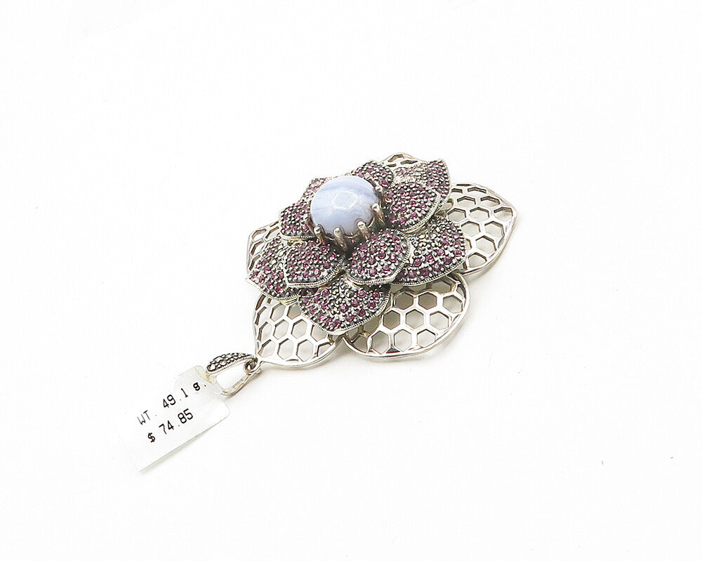 925 Sterling Silver  Vintage Blue Agate & Pink Topaz Flower Pendant  PT14857