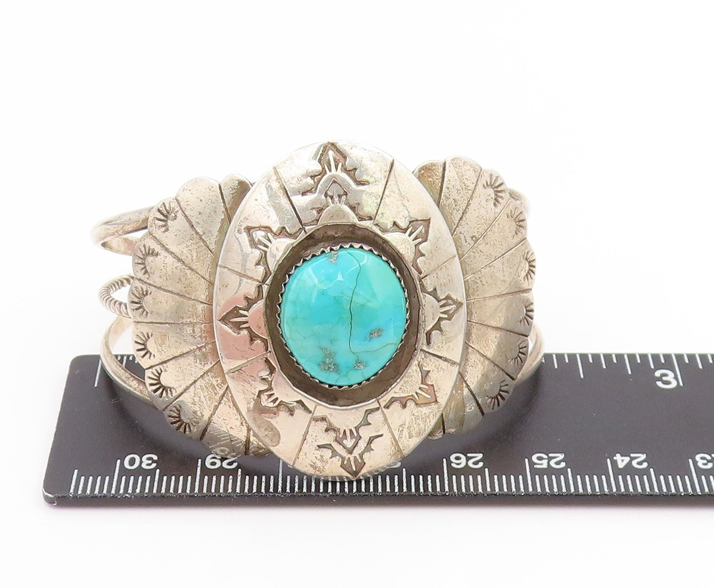 925 Sterling Silver Vintage Bracelet NAVAJO Turquoise Concho Wide Cuff  BT11790