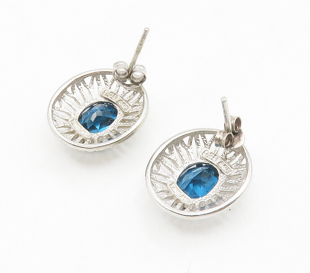 925 Sterling Silver  Shiny Blue Topaz Floral Dome Drop Earrings  EG7575