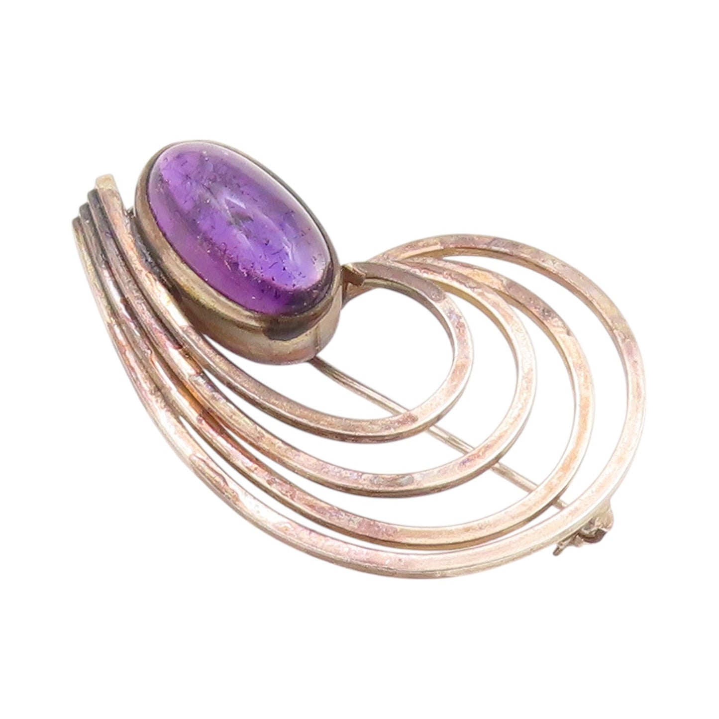 925 Sterling Silver Vintage Brooch Modernist Oval Amethyst Drop Cut Band BP11576