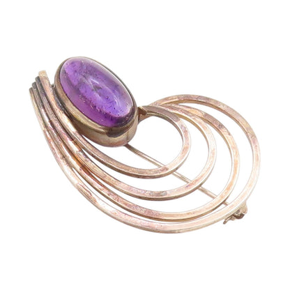 925 Sterling Silver Vintage Brooch Modernist Oval Amethyst Drop Cut Band BP11576