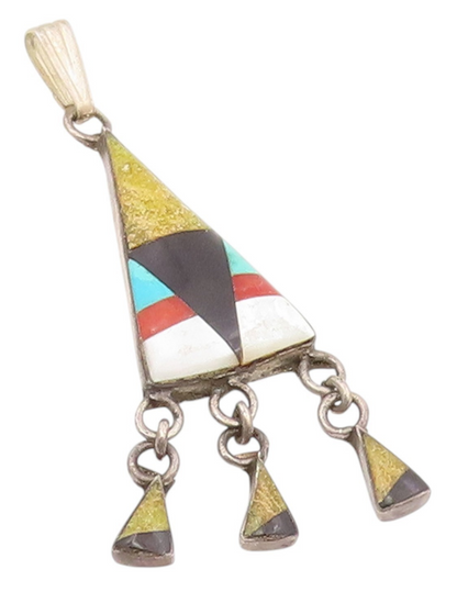 925 Sterling Silver Vintage Pendant SOUTHWESTERN Multi Gemstone Inlay PT25671