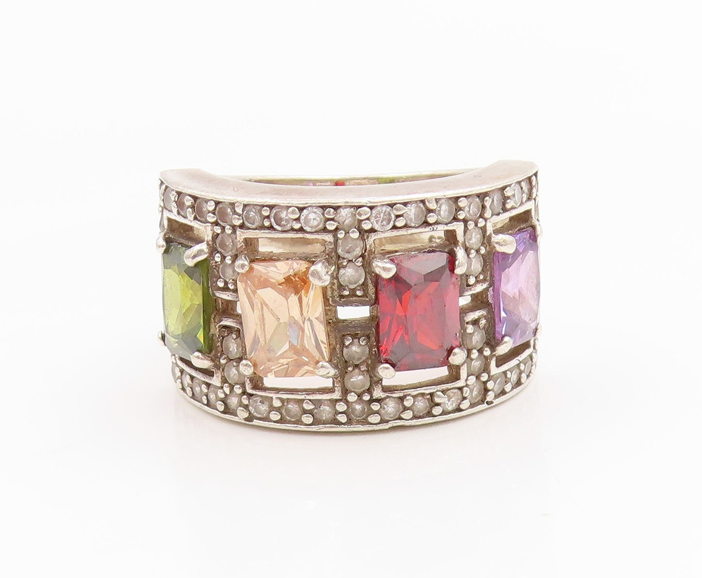925 Sterling Silver Vintage Ring Multi Gemstone Statement Band  Sz 8.5  RG35841