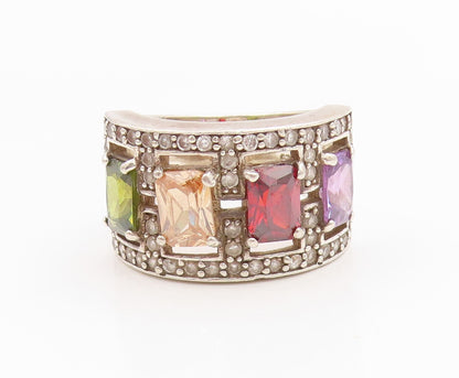 925 Sterling Silver Vintage Ring Multi Gemstone Statement Band  Sz 8.5  RG35841